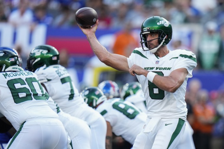 New York Jets quarterback Aaron Rodgers during a preseason game against the New York Giants, in East Rutherford, N.J