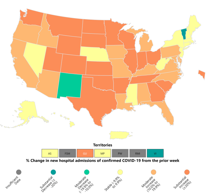 This map from the CDC represents the percentage changes in new Covid-related hospital admissions from the week of Aug. 20.