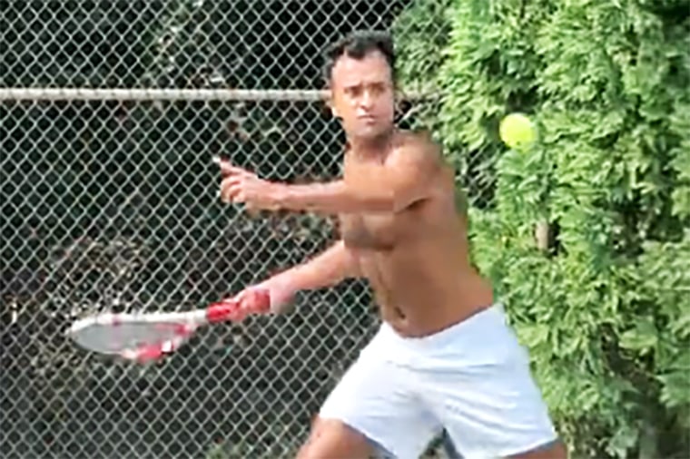 Vivek Ramaswamy plays tennis shirtless.