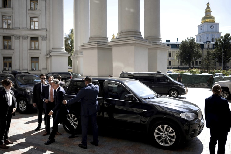 US Secretary of State Antony Blinken, center, gets out of a car as he arrives at the Ministry of Foreign Affairs for a meeting with Ukraine's Foreign Minister Dmytro Kuleba, in Kyiv, Ukraine, Wednesday, Sept. 6, 2023. 