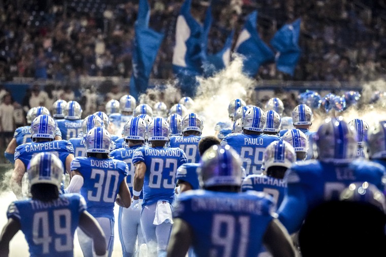 The Detroit Lions take the field against the Jacksonville Jaguars before the preseason game at Ford Field on Aug. 19, 2023 in Detroit.