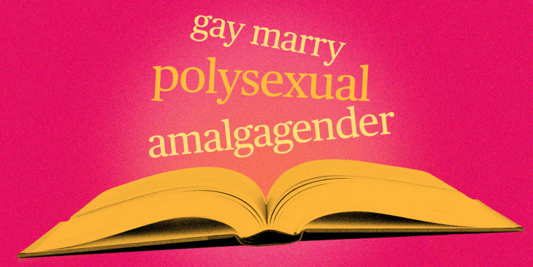 Photo Illustration: An open book with the phrases "gay marry," "polysexual," and "amalgagender" floating above it