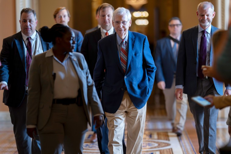Senate Minority Leader Mitch McConnell, R-Ky., walks to the chamber as he returns to work at the Capitol on Sept. 5, 2023. 