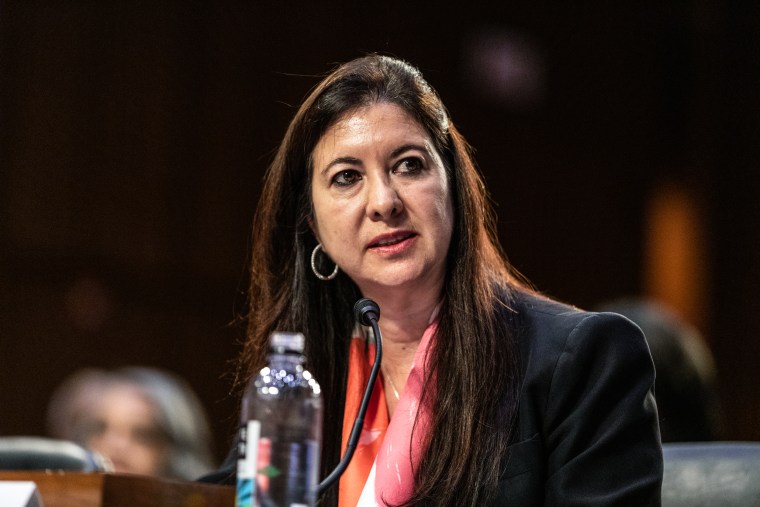 Adriana Kugler, member of the Board of Governors of the U.S. Federal Reserve, nominee for U.S. President Joe Biden, during a Senate Banking Committee nomination hearing on June 21, 2023.