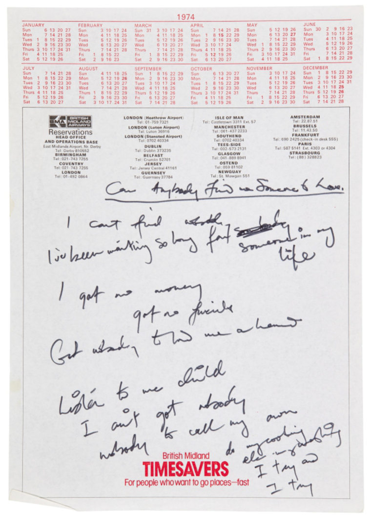 Autograph working lyrics to Somebody to Love (c. 1976).