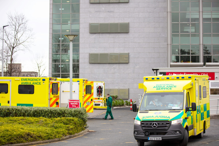 Ambulances at St. Vincent's University Hospital in Dublin, Ireland, on Wednesday, Jan. 27, 2021. Ireland should brace for rough weeks ahead in its fight to contain one of the globe's worst virus outbreaks, Health Minister Stephen Donnelly warned.