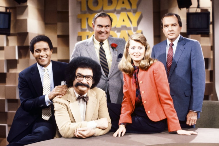 TODAY -- Pictured: (l-r) NBC News' Bryant Gumbel, Willard Scott, Gene Shalit, Jane Pauley, John Palmer in 1982.