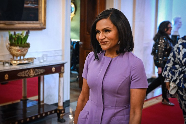 Mindy Kaling arrives for the Arts and Humanities Award Ceremony in the the East Room of the White House on March 21, 2023.