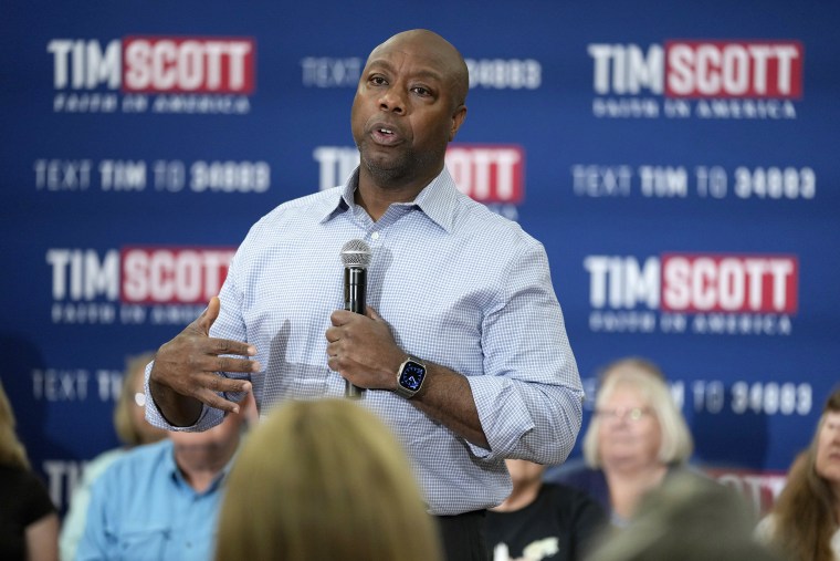 FILE - Republican presidential candidate Sen. Tim Scott, R-S.C., speaks during a town hall meeting, Thursday, Aug. 31, 2023, in Oskaloosa, Iowa.
