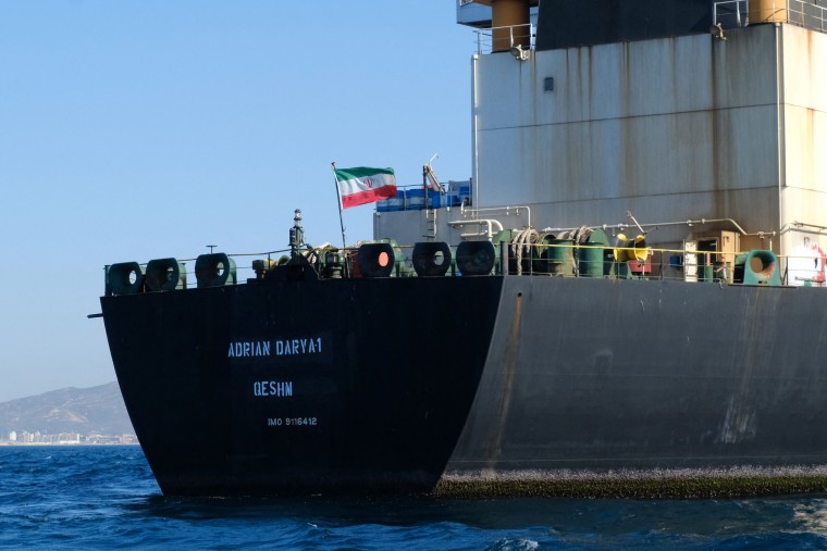 An Iranian flag flutters on board the Adrian Darya oil tanker, formerly known as Grace 1, off the coast of Gibraltar