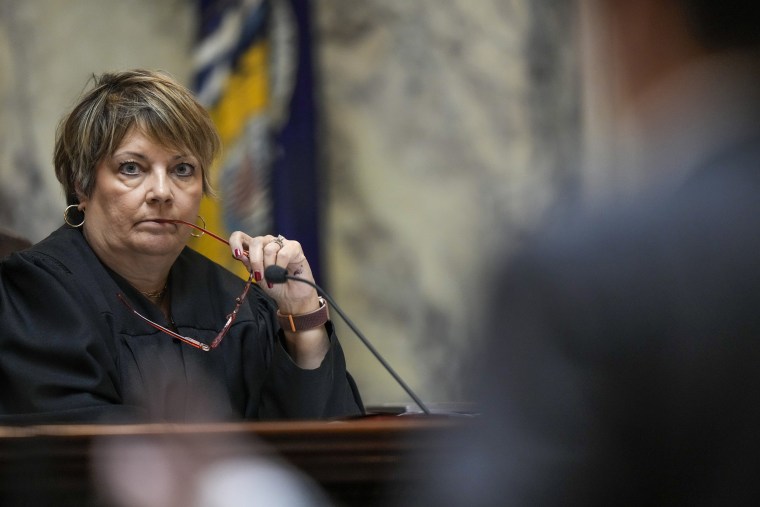 Wisconsin Supreme Court Justice Janet Protasiewicz at a hearing, in Madison, Wis.