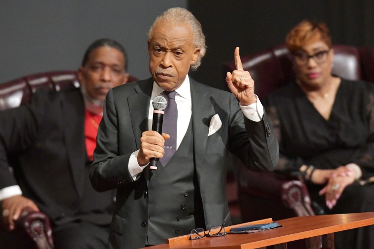 Rev. Al Sharpton addresses the audience as he gives the Eulogy during the memorial service for shooting victim Angela Carr. Behind him are Bishop Rudolph McKissick, Jr. and his wife Pastor Kimberly McKissick. The memorial service was held for Dollar General shooting victim Angela Carr, 52 Friday, September 8, 2023 at The Bethel Baptist Church in Jacksonville, Florida. Carr was one of three people killed in the racially motivated shooting. Reverend Al Sharpton delivered the eulogy.