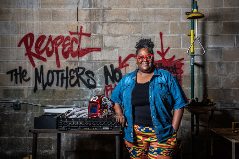 Michelle Browder in the studio where she designed and constructed The Mothers of Gynecology Monument.