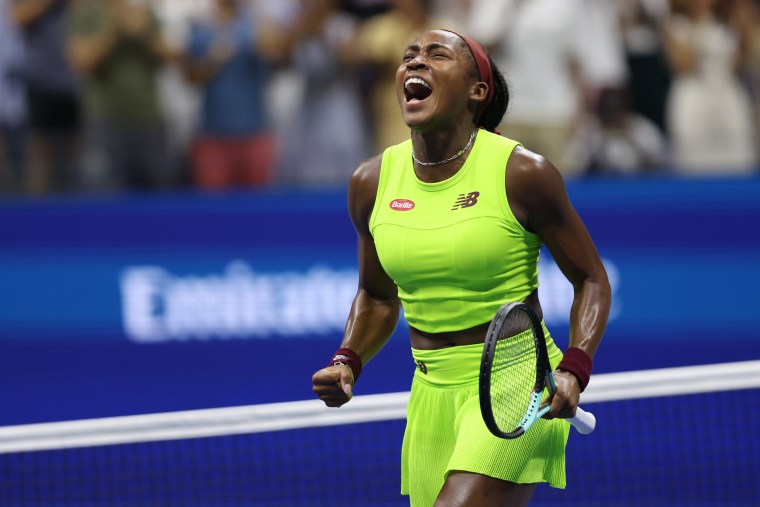 Coco Gauff of the U.S. celebrates match point against Karolina Muchova of the Czech Republic during their semifinal match at the U.S. Open on Sept. 7, 2023.