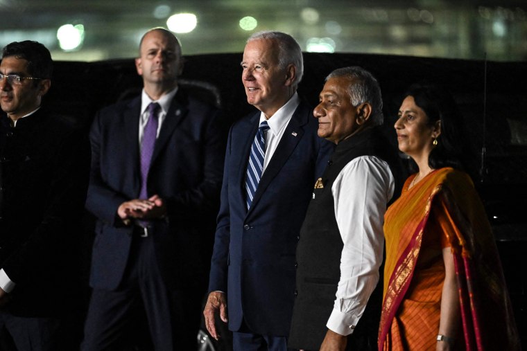 Image: President Joe Biden arrives at the airport on the eve of the two-day G20 summit in New Delhi on Sept. 8, 2023. 