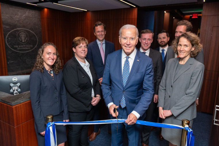 President Joe Biden attends a ribbon cutting for the renovated White House Situation Room on Tuesday.