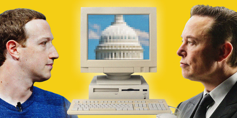 Photo illustration of Mark Zuckerberg and Elon Musk looking at a vintage computer with a pixelated photo of the Capitol in Washington.