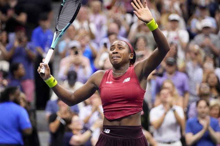Coco Gauff, of the United States, reacts after defeating Aryna Sabalenka, of Belarus, to win the women's singles final of the U.S. Open tennis championships, Saturday, Sept. 9, 2023, in New York. 