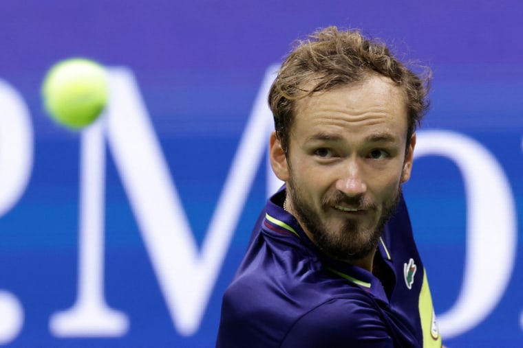 Russia's Daniil Medvedev returns the ball to Spain's Carlos Alcaraz during the U.S. Open men's singles semifinal match at the USTA Billie Jean King National Tennis Center in New York City, on Sept. 8, 2023. 