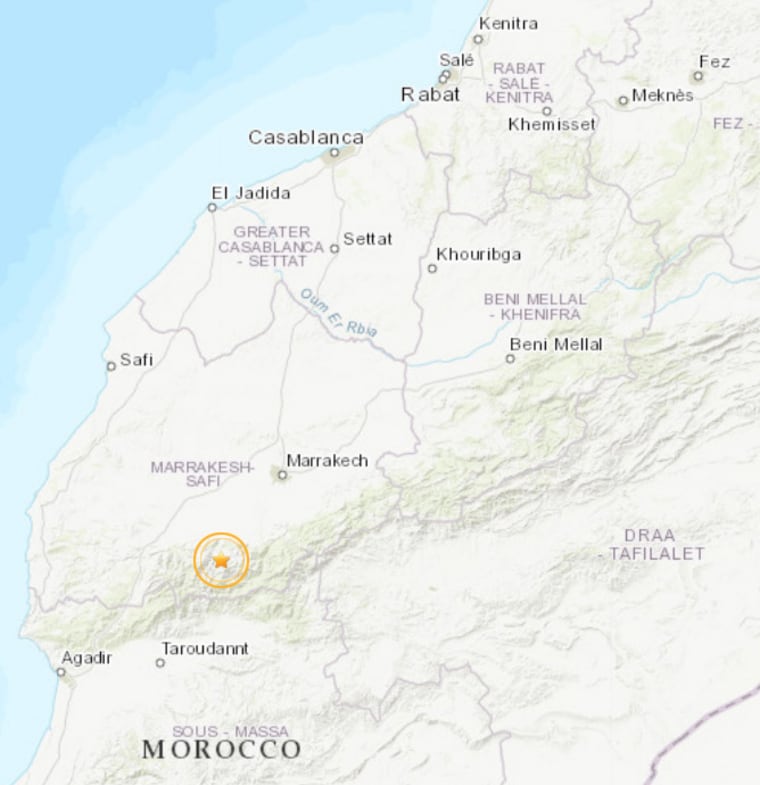 A map shows the epicenter of an earthquake that struck Morocco late on Sept. 8, 2023. 