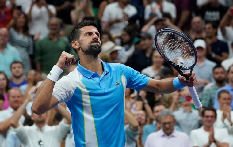 Serbia's Novak Djokovic celebrates his win over USA's Ben Shelton during the U.S. Open  men's singles semifinal match at the USTA Billie Jean King National Tennis Center in New York City, on Sept. 8, 2023. 