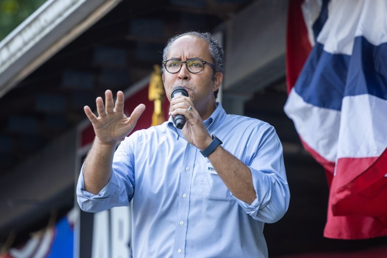 GOP presidential candidate Will Hurd speaks to the crowd during a Labor Day Picnic on Sept. 4, 2023, in Salem, New Hampshire.