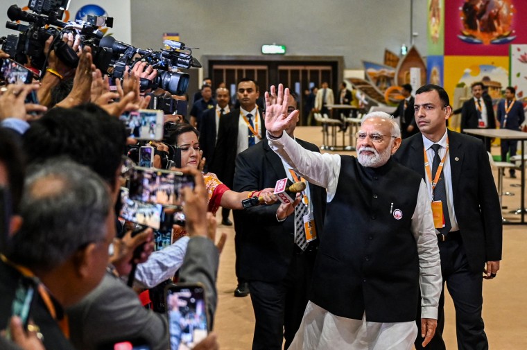 India's Prime Minister Narendra Modi visits the media center during the G20 summit in New Delhi on Sept. 10, 2023.