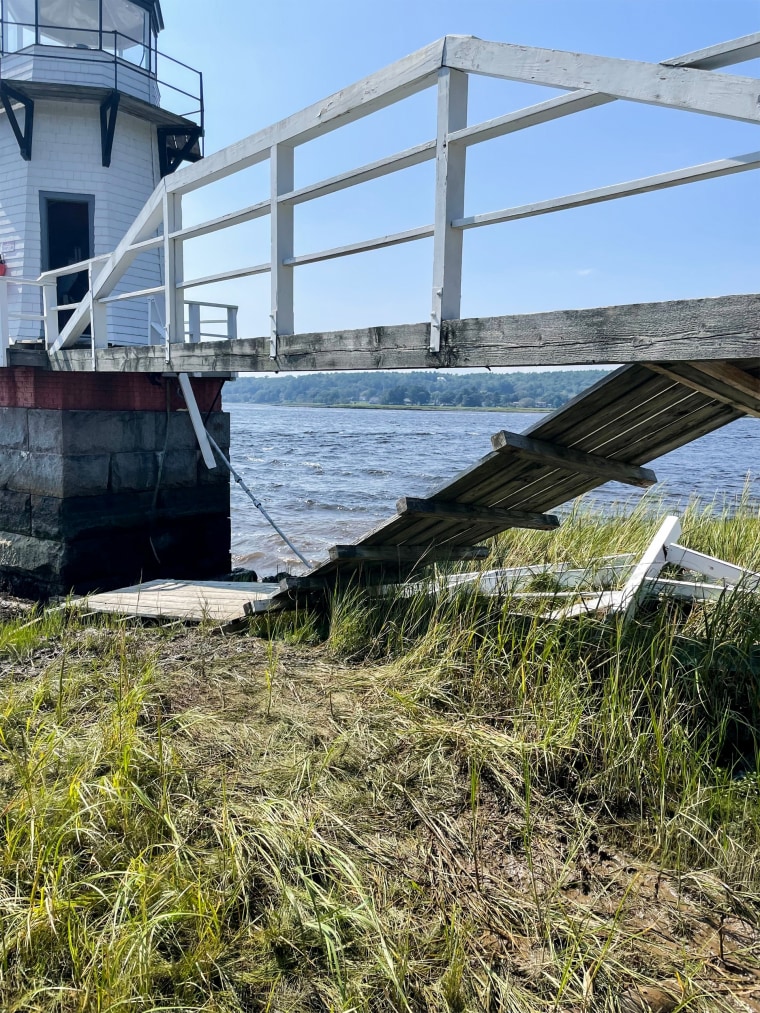 A platform leading to a lighthouse collapsed in Arrowsic, Maine, on Sept. 9, 2023.