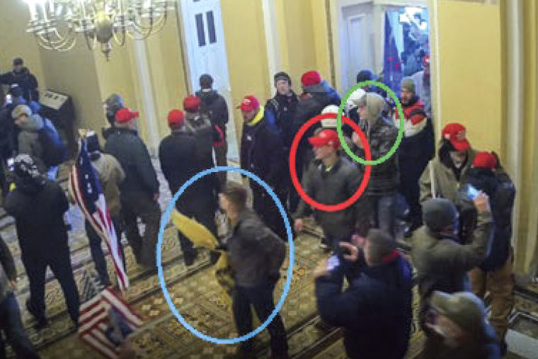 Image: Joshua Abate, circled in green, Micah Coomer, circled in red, and Dodge Dale Hellonen, circled in blue, appear inside the U.S. Capitol on Jan. 6, 2021.