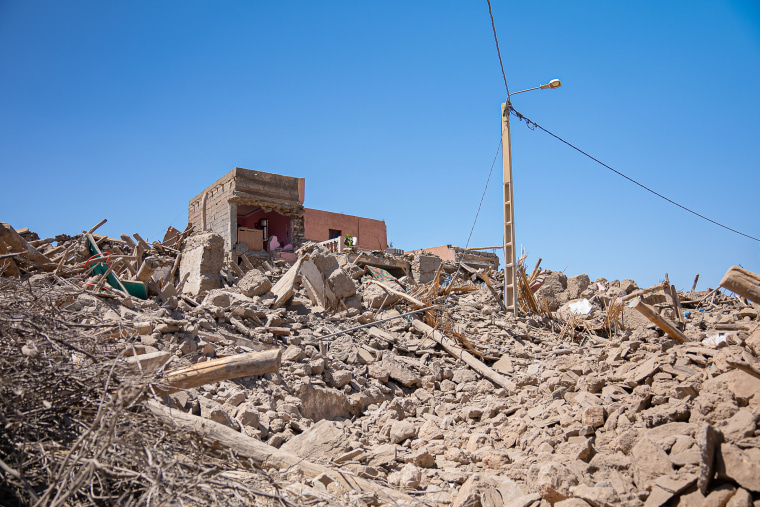 Rubble from buildings that crumbled after the earthquake, in Taheghaghte, Morocco, on Sept. 11, 2023.