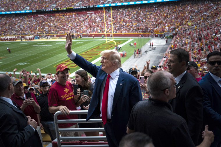 Donald Trump before the start a game between Iowa State University and the University of Iowa at Jack Trice Stadium in Ames, Iowa