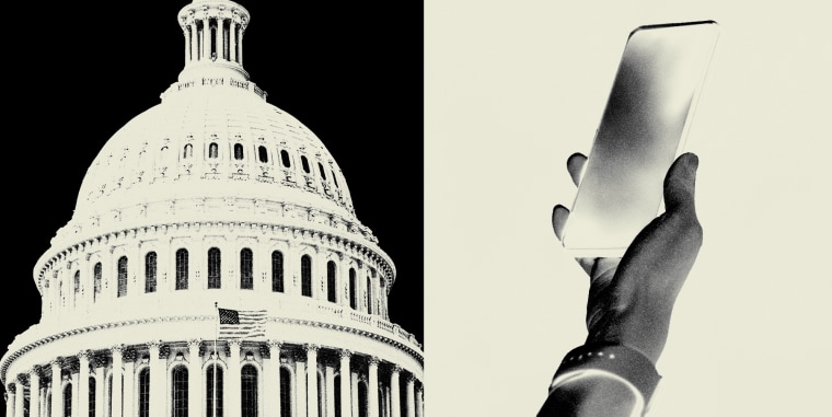 Photo Illustration: the US Capitol and a hand holding a smartphone