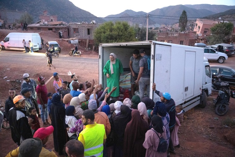 Aid is distributed to displaced people in Ouirgane, Morocco