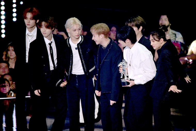 NEWARK, NEW JERSEY - SEPTEMBER 12: (L-R) Lee Know, Han, Felix, Bang Chan, I.N, Seungmin, and Hyunjin of Stray Kids accept the Best K-Pop award for "S-Class" during the 2023 MTV Video Music Awards at Prudential Center on September 12, 2023 in Newark, New Jersey.