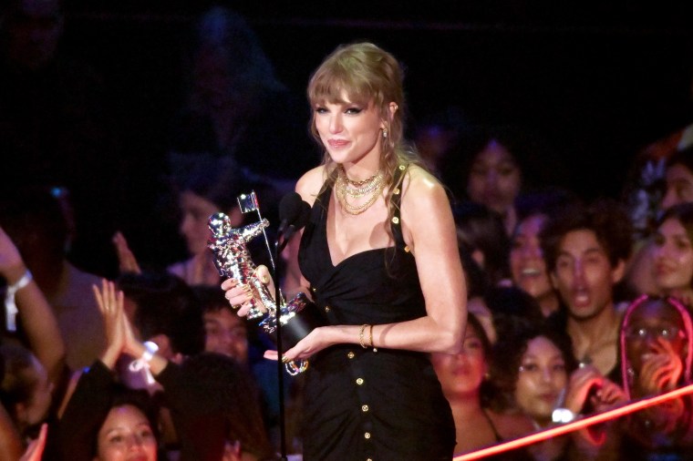 Taylor Swift accepts the Best Pop award for "Anti-Hero" onstage during the 2023 MTV Video Music Awards at Prudential Center on September 12, 2023 in Newark, New Jersey.