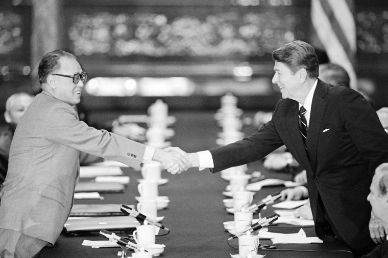 Zhao Ziyang and Ronald Reagan at the conclusion of their meeting at the Great Hall of the People, in Peking, China