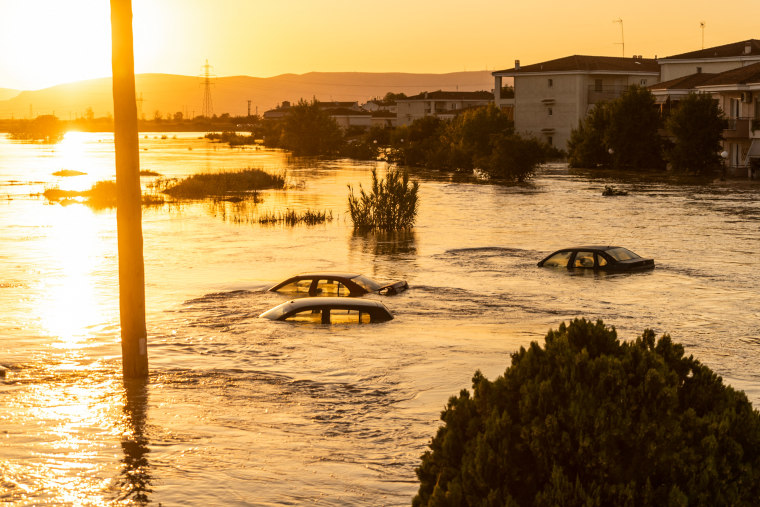A flooded neighborhood in Larissa, Greece, on Sept. 10, 2023.