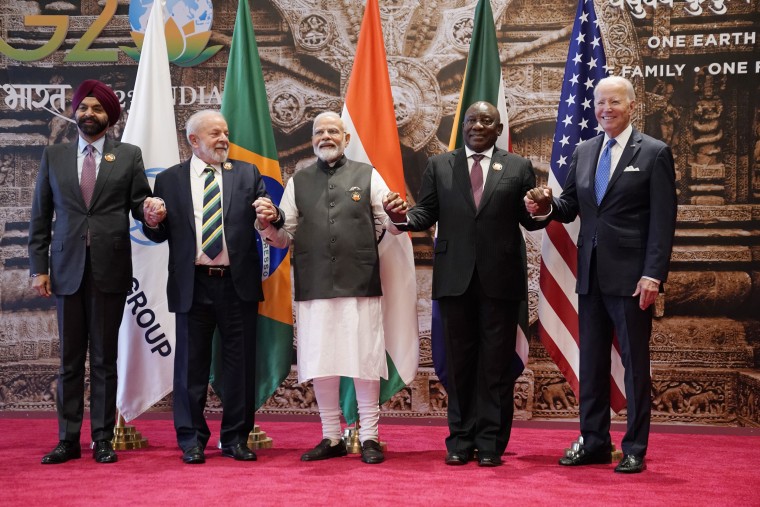 From left, Ajay Banga, Luiz Inacio Lula da Silva, Narendra Modi, Cyril Ramaphosa, Cyril Ramaphosa and Joe Biden during a group photo at the G20 Summit, in New Delhi, India