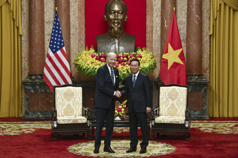 Joe Biden and Vo Van Thuong during a meeting at the Presidential Palace in Hanoi