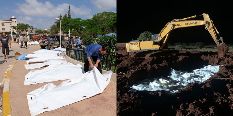 Left: A man looks at a dead body, after a powerful storm and heavy rainfall hit Libya, in Derna, Libya, on Tuesday.

Right: Workers bury the bodies of victims of recent flooding caused by Mediterranean storm Daniel near the city of Derna, Libya, late Tuesday.