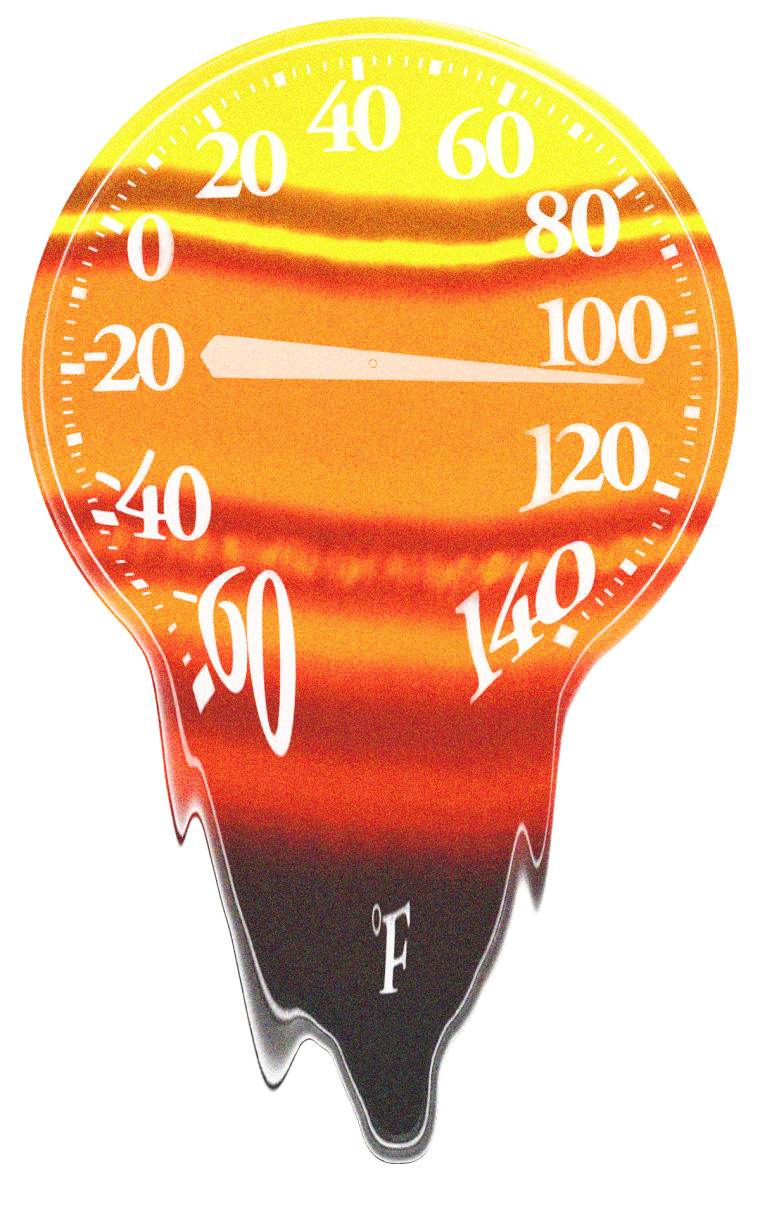 Photo illustration of a melting outdoor thermometer.