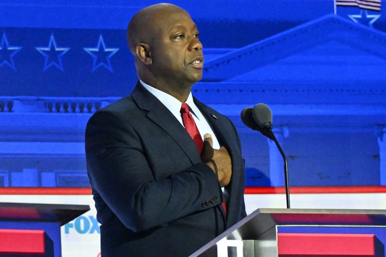 Sen. Tim Scott, R-S.C., during the first Republican Presidential primary debate in Milwaukee, on Aug. 23, 2023. 