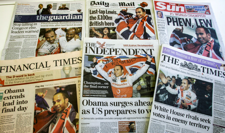 A selection of the front pages of Britian's national papers in London, on Nov. 3, 2008, showing the new Formula One Champion Lewis Hamilton celebrating in Sao Paulo, Brazil.
