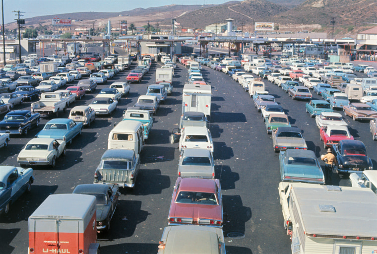 Cars wait to enter the United States from Tijuana in 1969. 