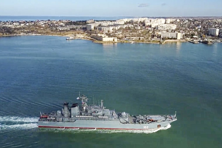 In this handout photo released by Russian Defense Ministry Press Service on Thursday, Feb. 10, 2022, The Russian navy's amphibious assault ship Kaliningrad sails into the Sevastopol harbor in Crimea. The Russian navy has sent six amphibious assault ships into the Black Sea as part of a buildup of forces near Ukraine that stoked Western fears of an invasion.