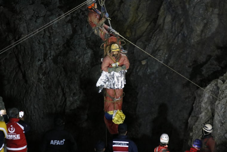 Rescuers pull Mark Dickey out of Morca cave near Anamur, Turkey
