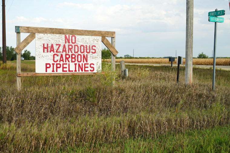 An anti-pipeline sign along the side of a road in Shell Rock, Iowa.