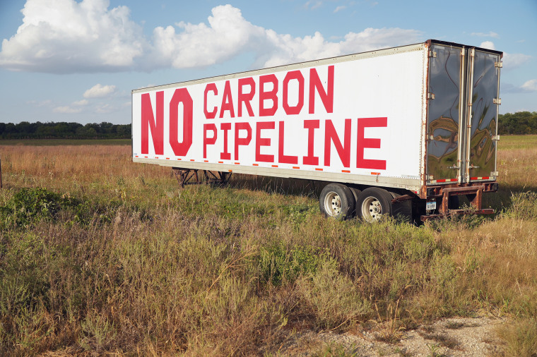 An anti-pipeline sign on the side of a tractor trailer in Shell Rock, Iowa.