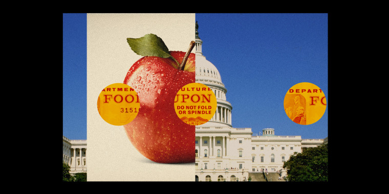Collage of U.S. Captiol, red apple, and archival "Food Coupon"
