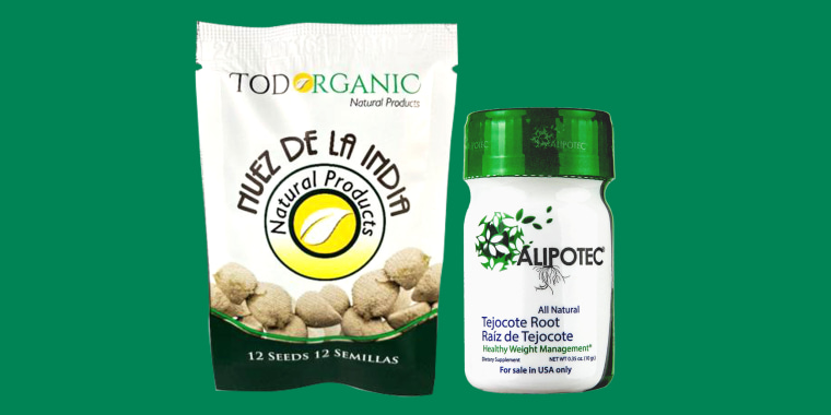 Todorganic Inc. "Nuez De La India" packaging next to Alipotec "Tejocote Root" packaging 